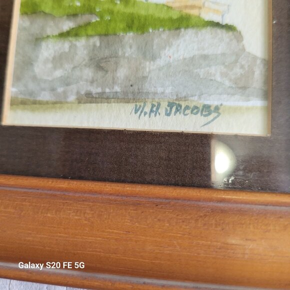 Watercolor Painting Lighthouse & House by M. H. Jacobs Framed and Matted 4 x 5 P - Picture 3 of 8